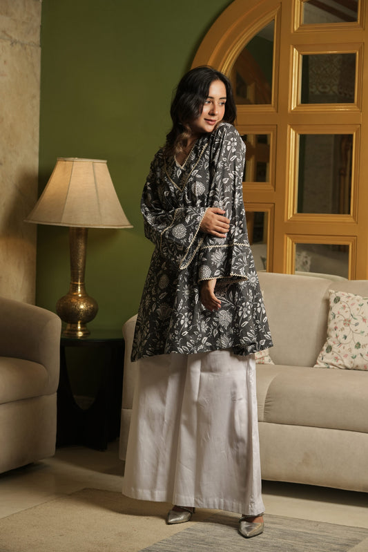 Grey Kurta With Floral Motifs and Flared White Pants (Set of 2)