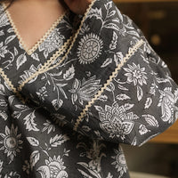 Grey Kurta With Floral Motifs and Flared White Pants (Set of 2)