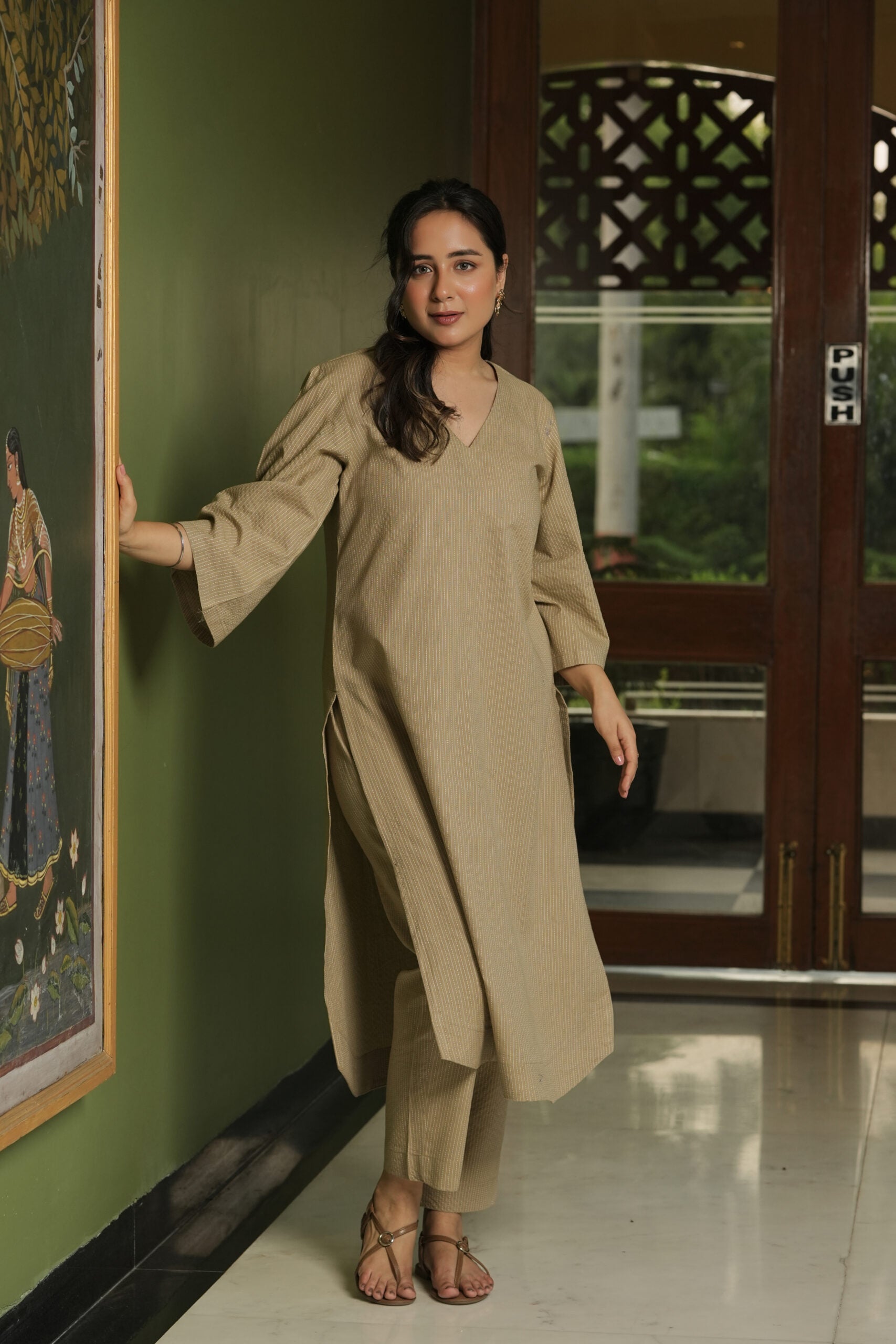 Beige Kurta with Straight pants (set of 2)