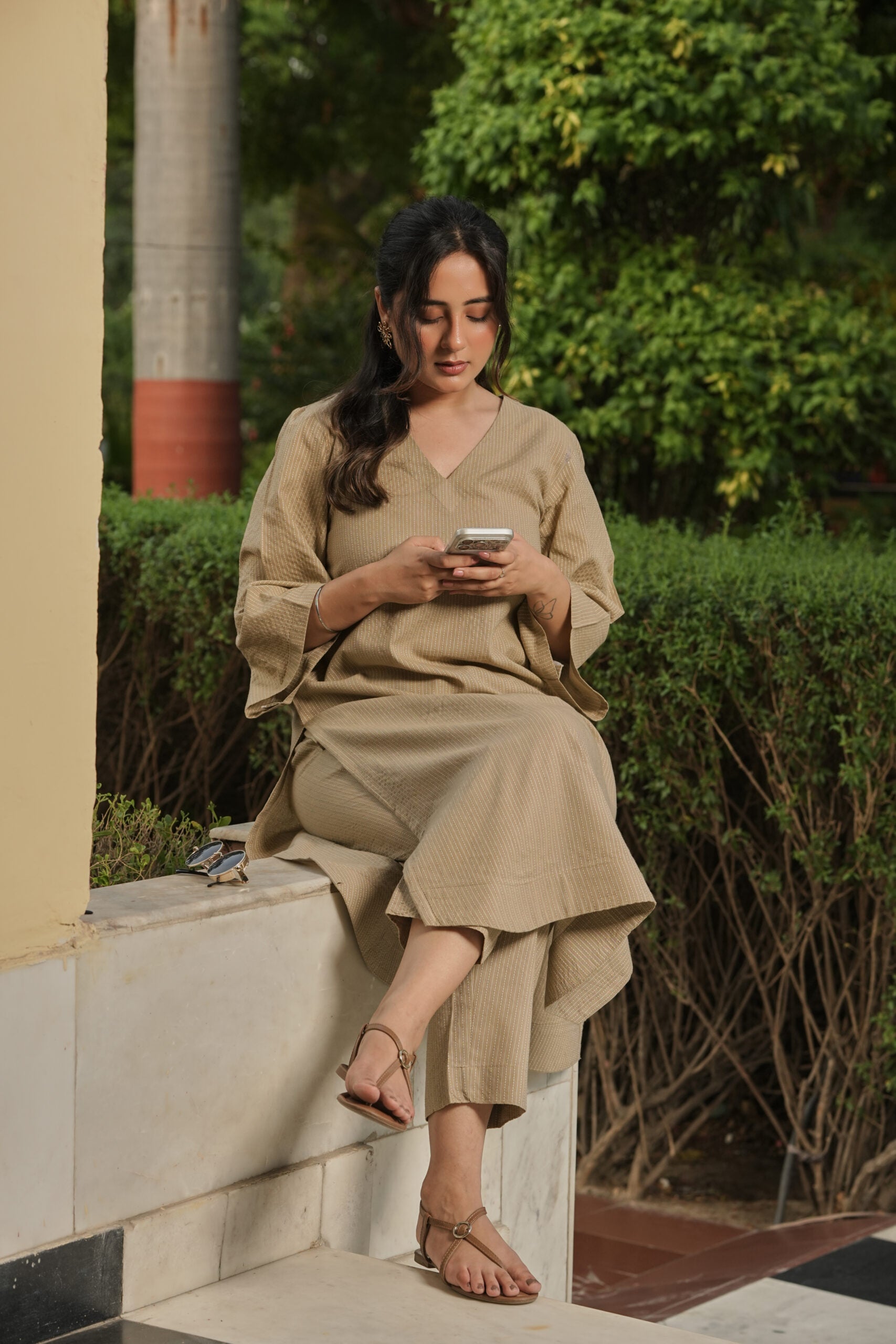 Beige Kurta with Straight pants (set of 2)