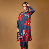Deep blue printed kurta with straight pants (Co-ord set)