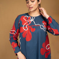 Deep blue printed kurta with straight pants (Co-ord set)