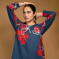 Deep blue printed kurta with straight pants (Co-ord set)