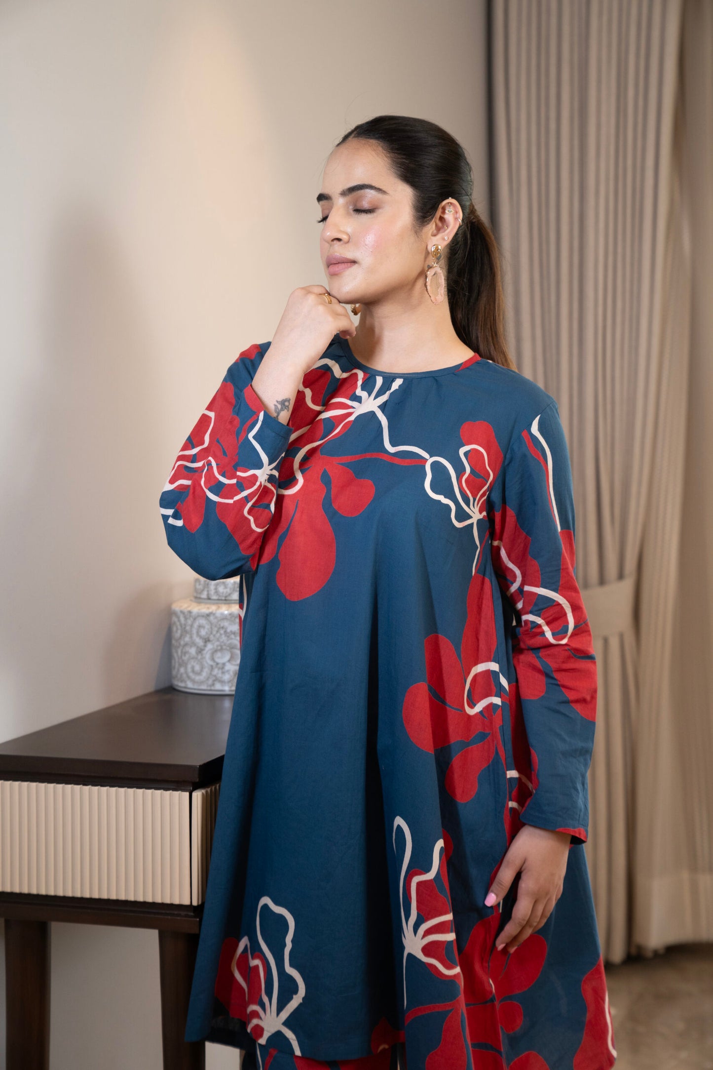 Deep blue printed kurta with straight pants (Co-ord set)
