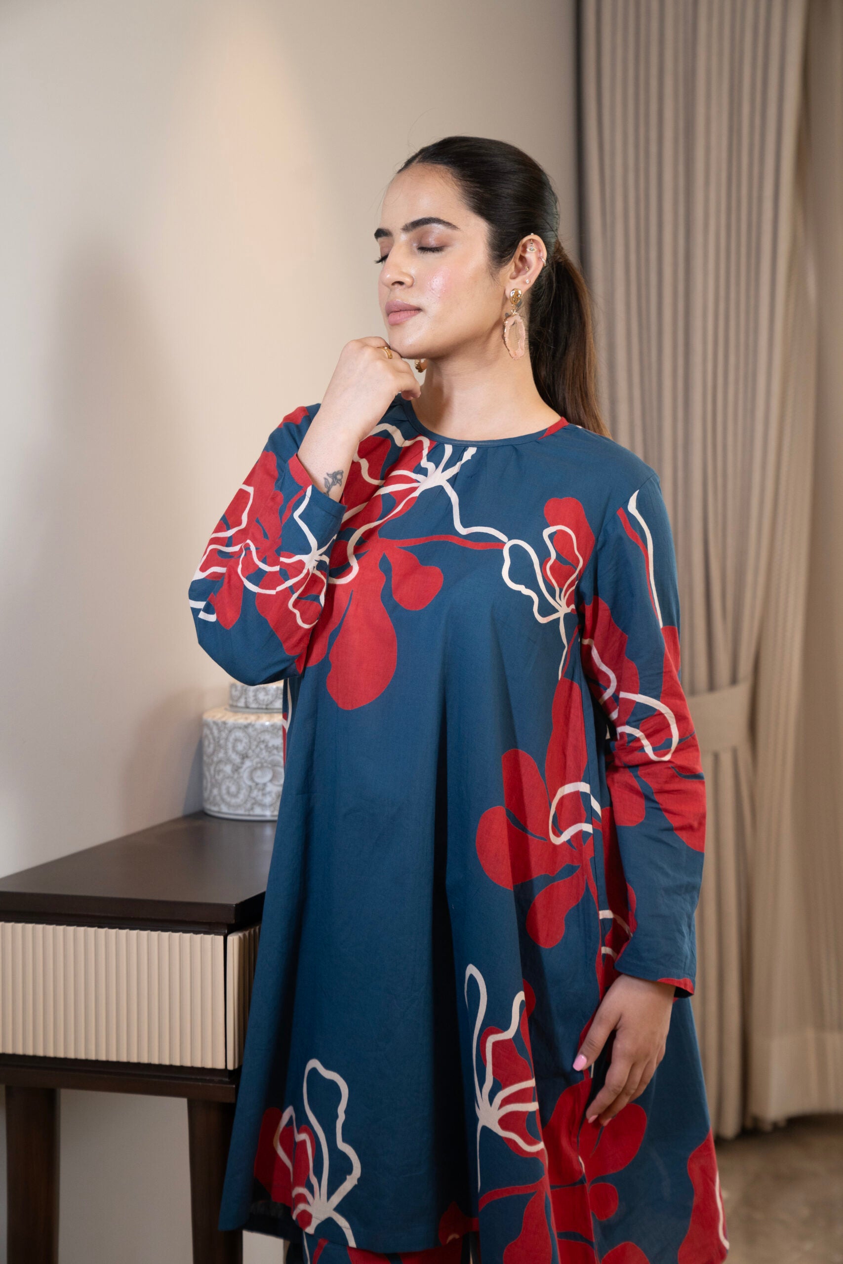 Deep blue printed kurta with straight pants (Co-ord set)