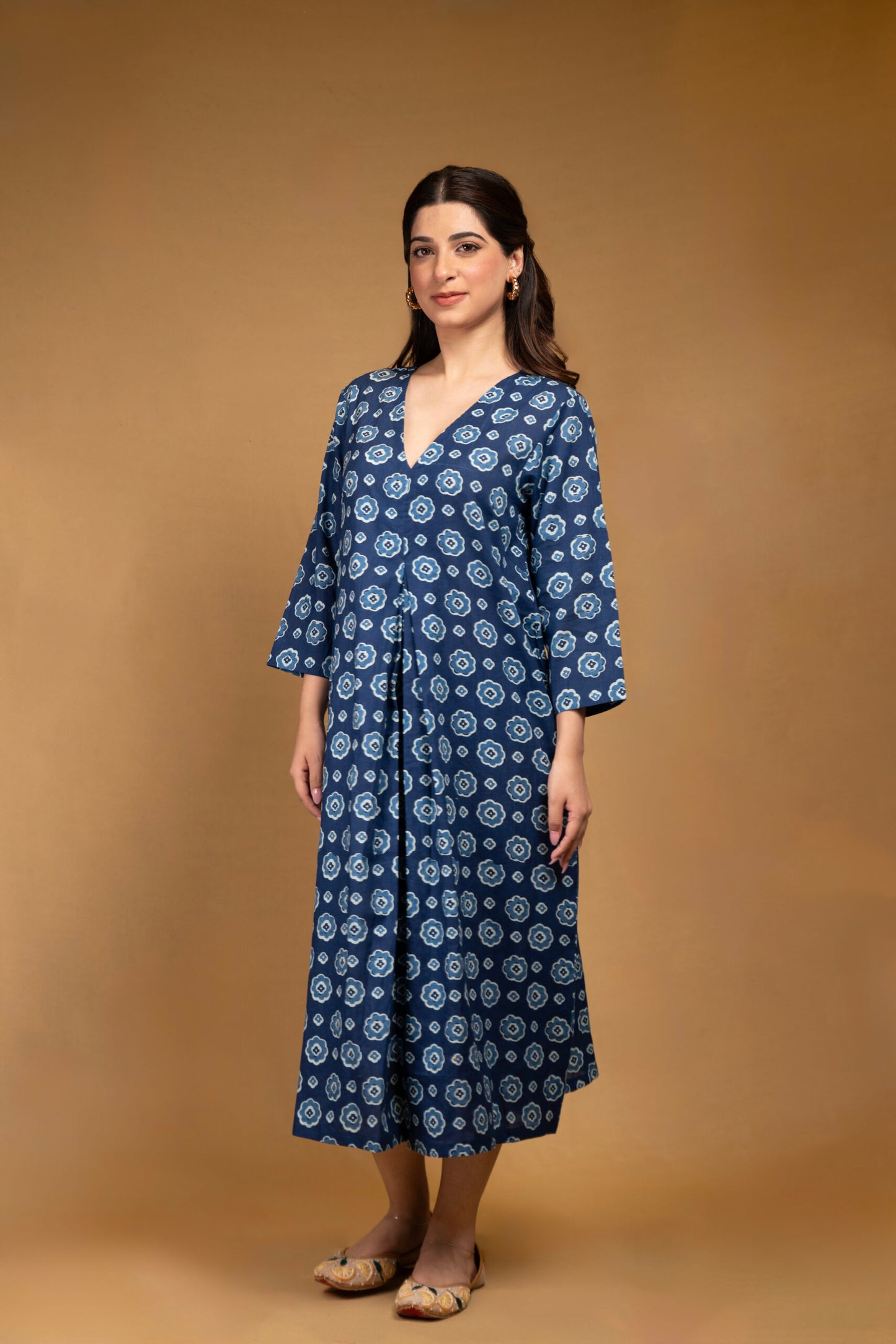 Floral front pleated cotton dress