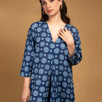 Floral front pleated cotton dress