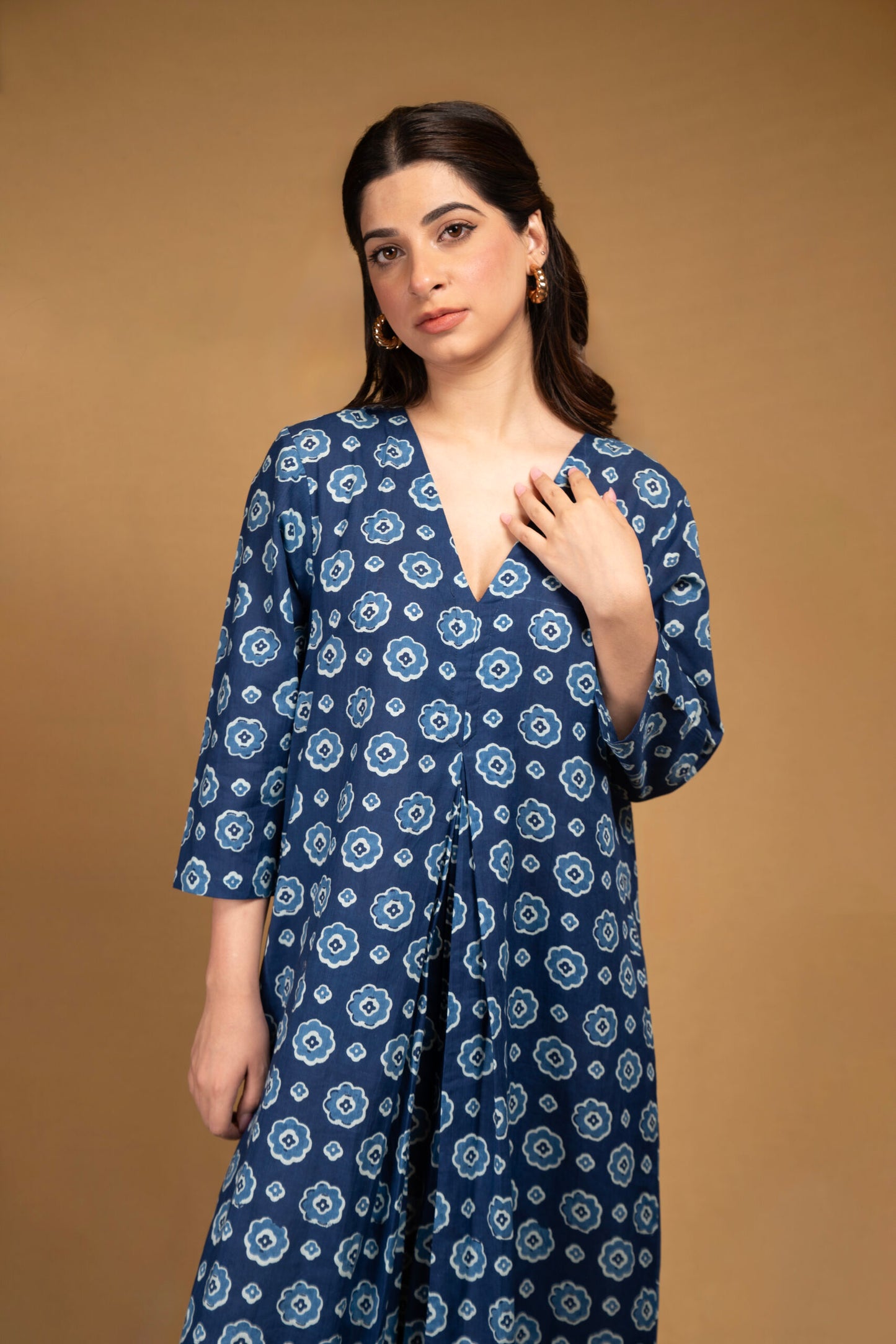 Floral front pleated cotton dress