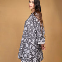 Grey flared kurta with floral motifs and straight pants (Co-ord Set)