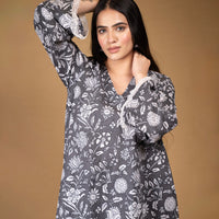 Grey flared kurta with floral motifs and straight pants (Co-ord Set)