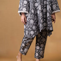 Grey flared kurta with floral motifs and straight pants (Co-ord Set)