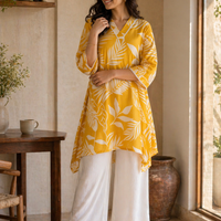 Yellow botanical print asymmetrical summer kurta