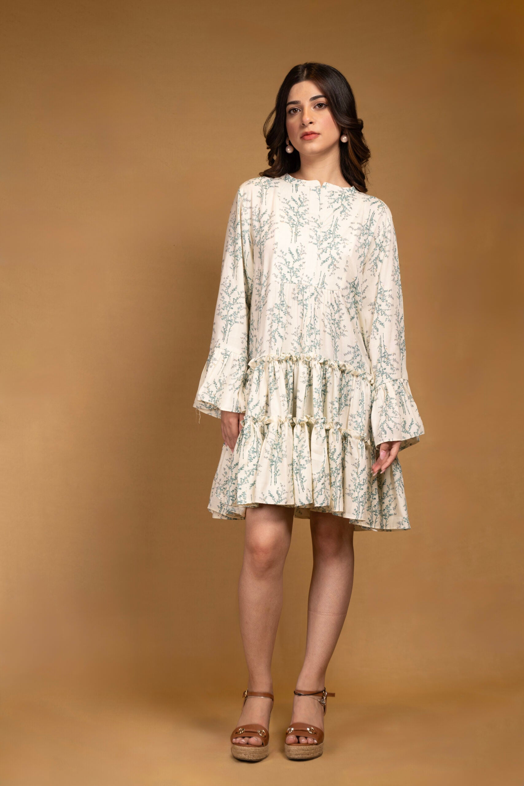 Off-white printed layered full sleeves cotton dress