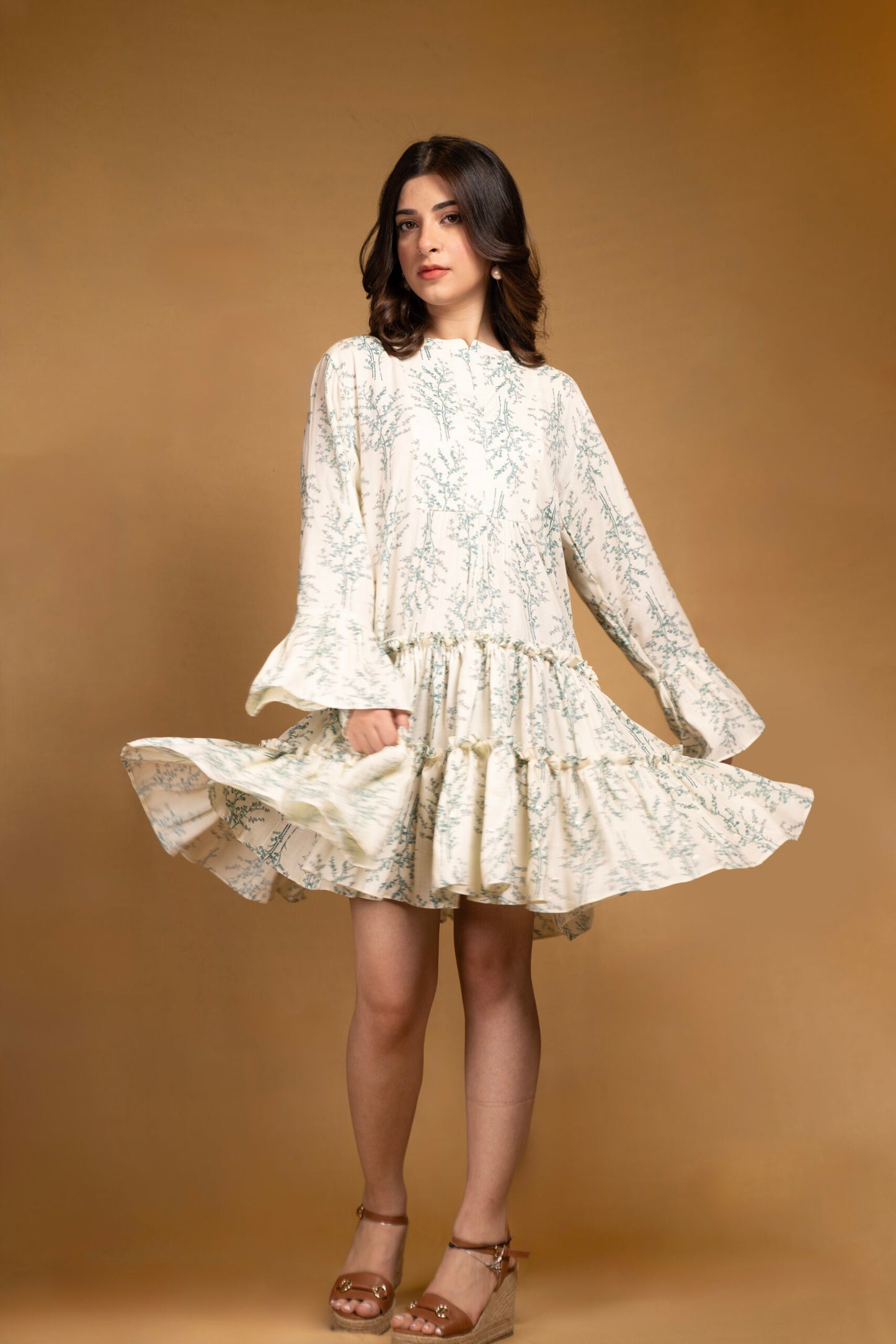Off-white printed layered full sleeves cotton dress