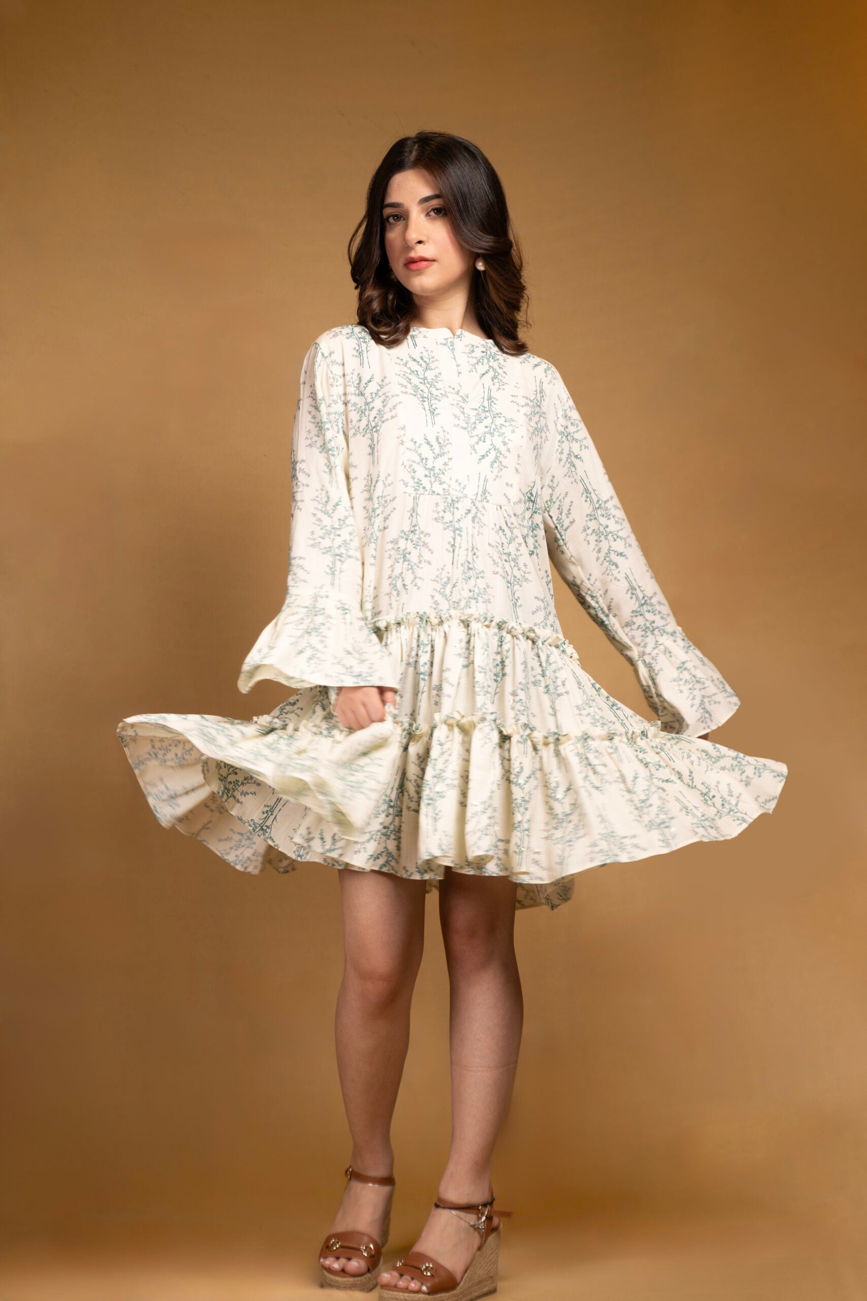 Off-white printed layered full sleeves cotton dress