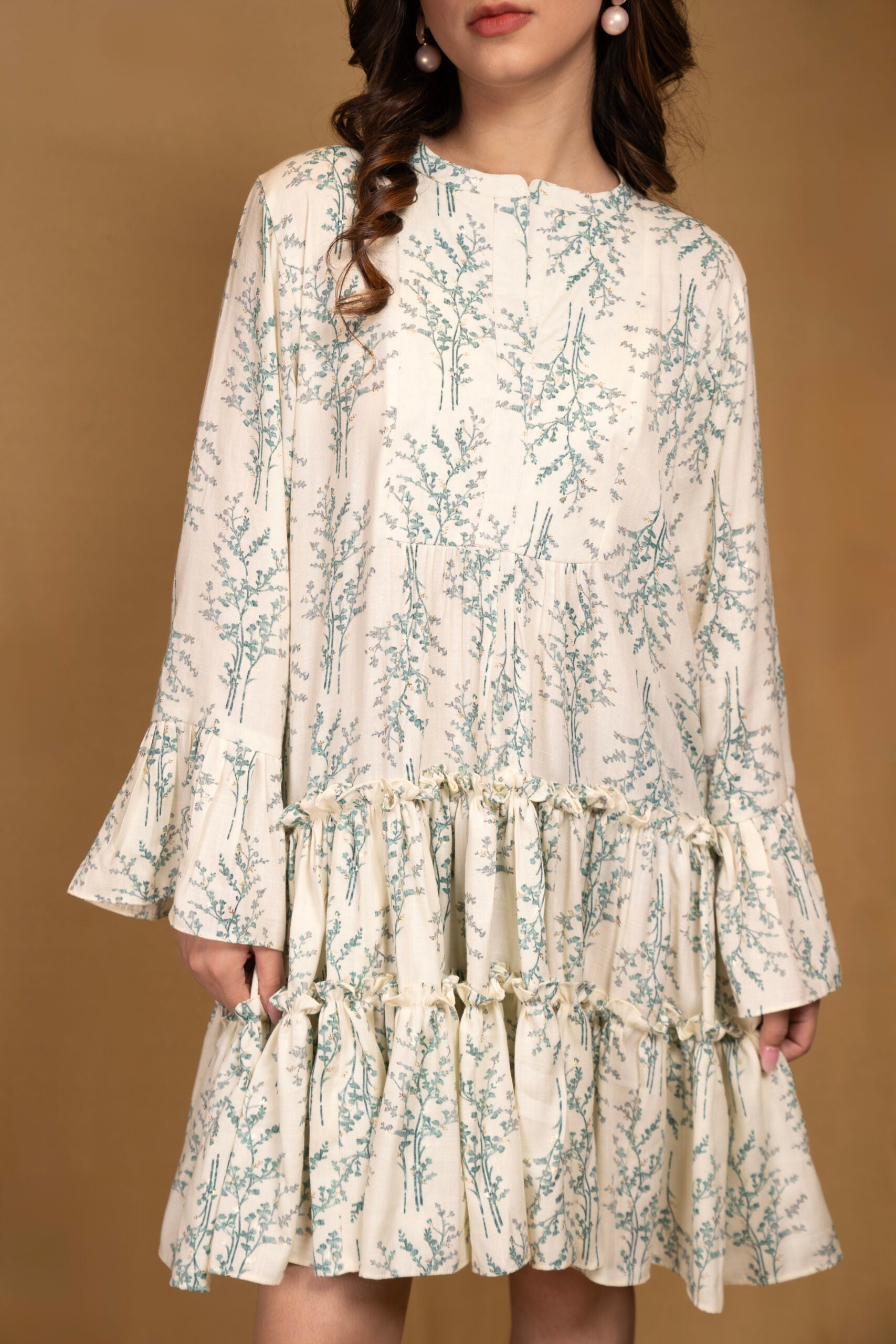 Off-white printed layered full sleeves cotton dress