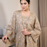 Three piece printed cotton co-ord set with cape
