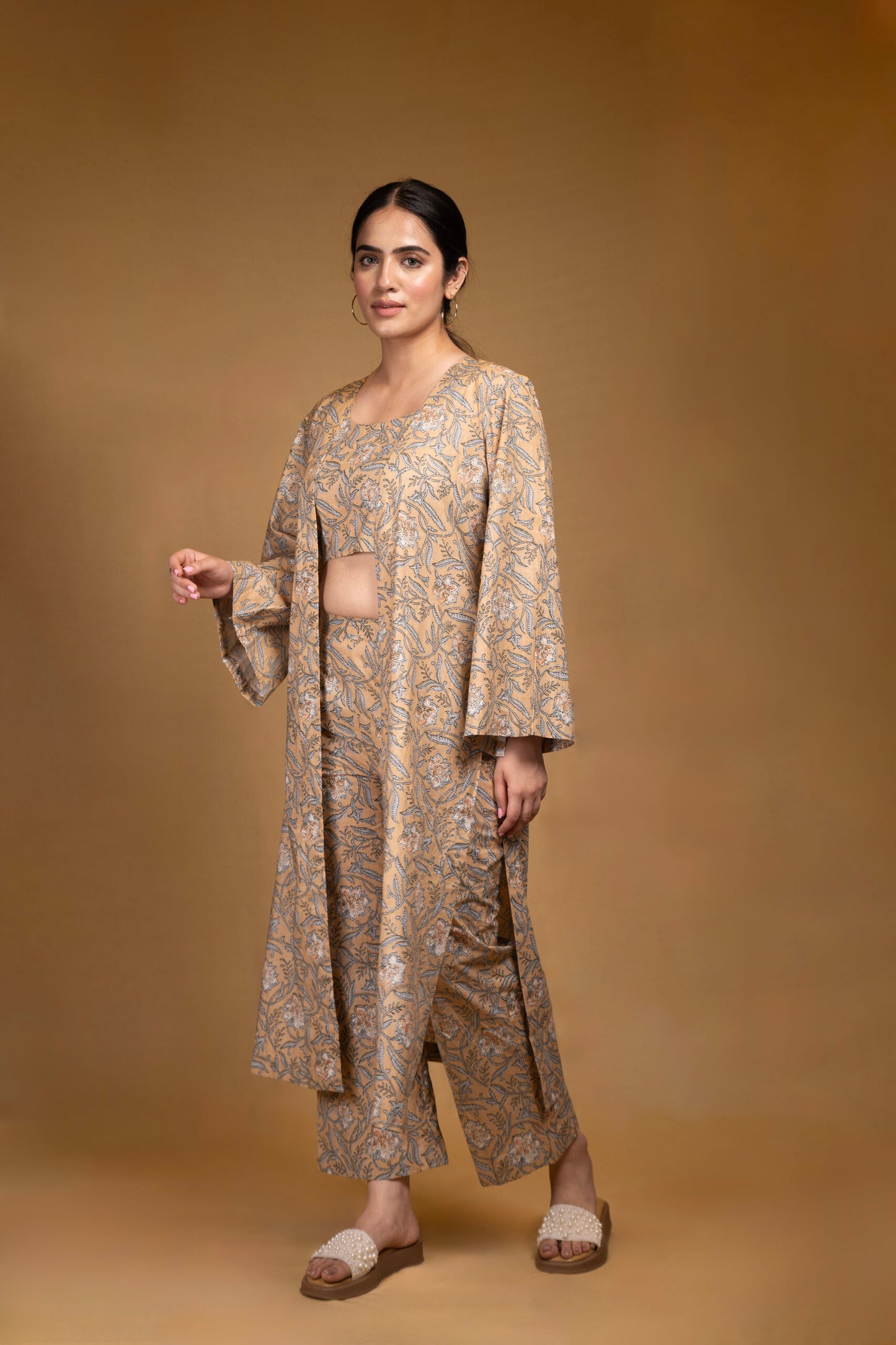 Three piece printed cotton co-ord set with cape