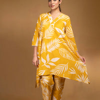 Yellow botanical print asymmetrical kurta with straight pants (Co-ord set)