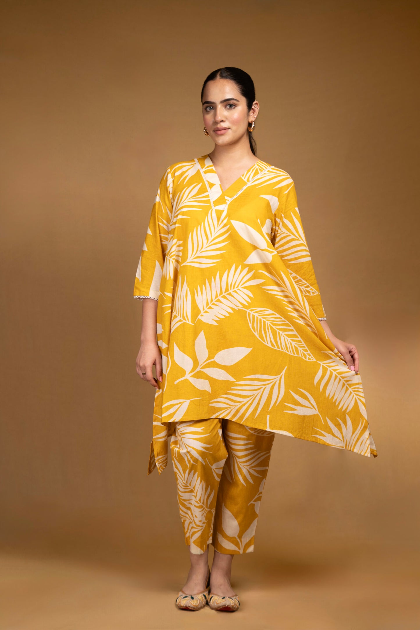 Yellow botanical print asymmetrical kurta with straight pants (Co-ord set)