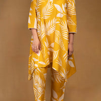Yellow botanical print asymmetrical kurta with straight pants (Co-ord set)