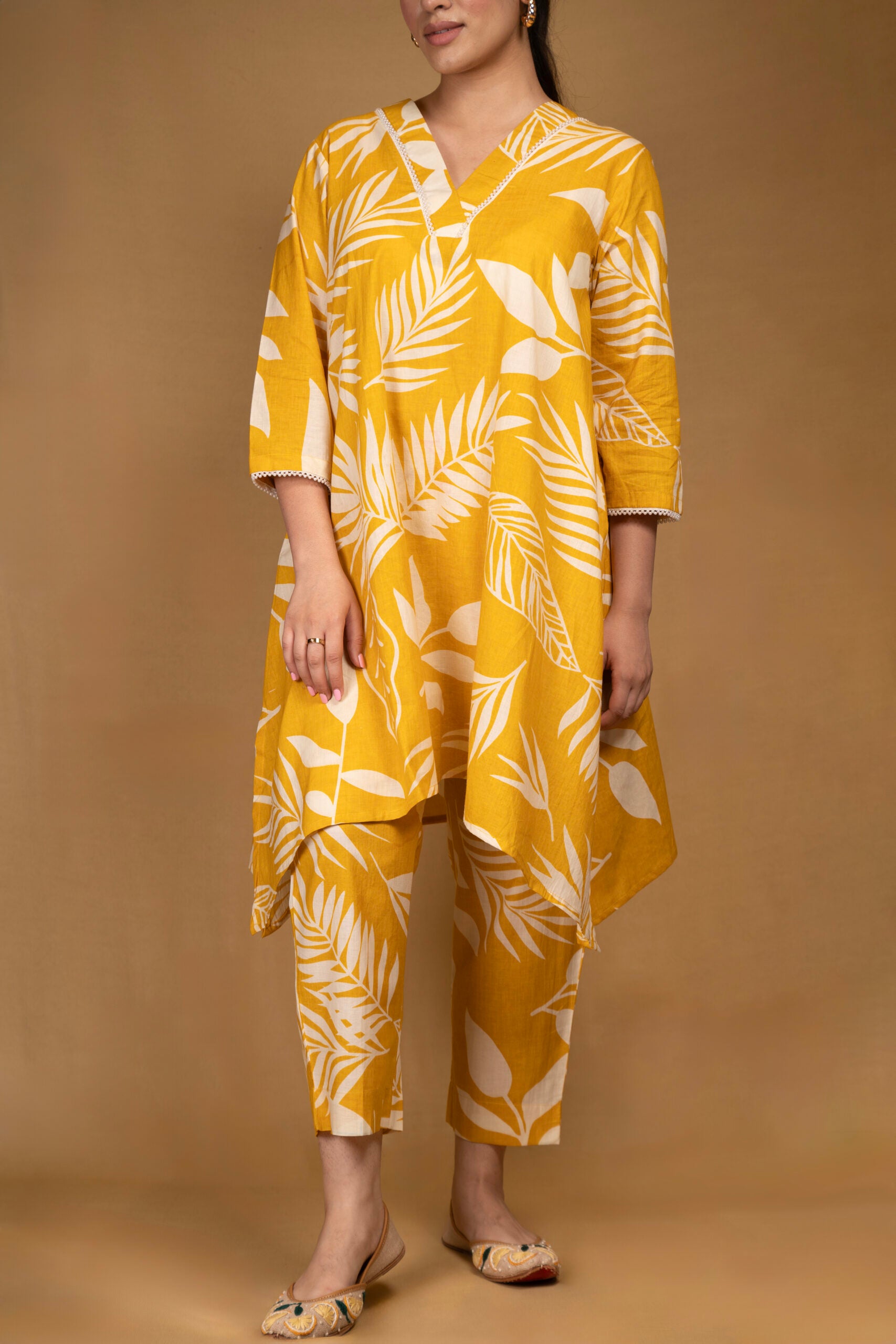 Yellow botanical print asymmetrical kurta with straight pants (Co-ord set)
