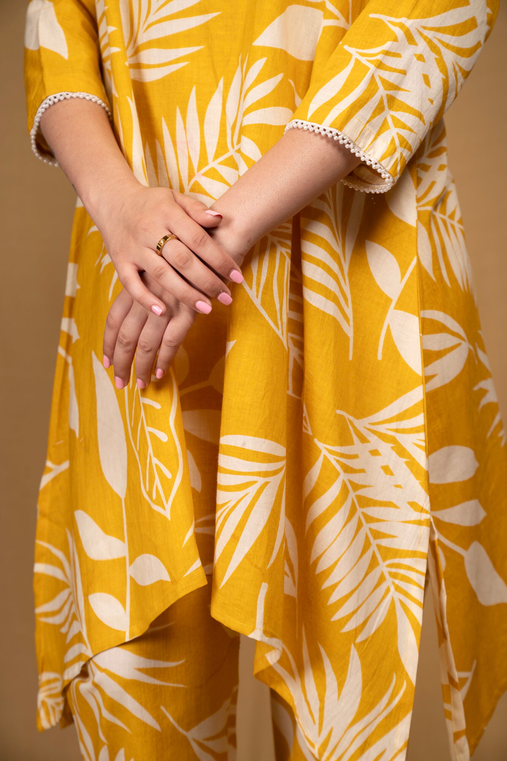 Yellow botanical print asymmetrical kurta with straight pants (Co-ord set)