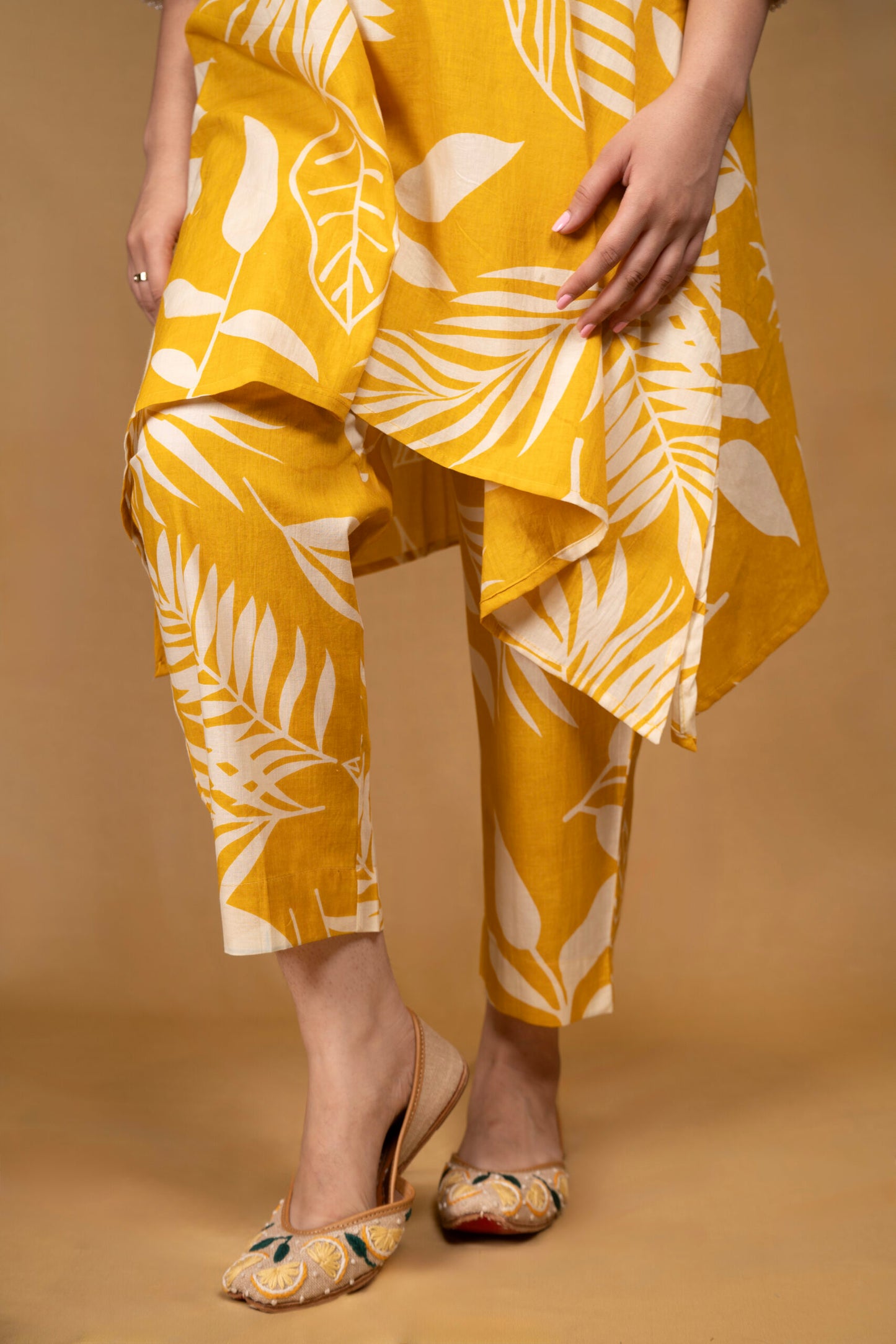 Yellow botanical print asymmetrical kurta with straight pants (Co-ord set)