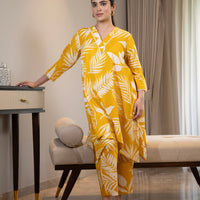 Yellow botanical print asymmetrical kurta with straight pants (Co-ord set)