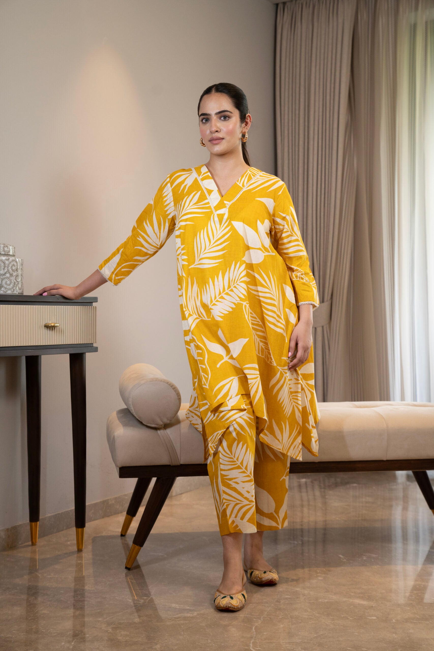 Yellow botanical print asymmetrical kurta with straight pants (Co-ord set)