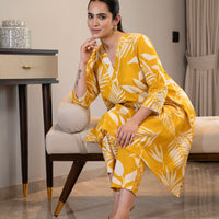 Yellow botanical print asymmetrical kurta with straight pants (Co-ord set)
