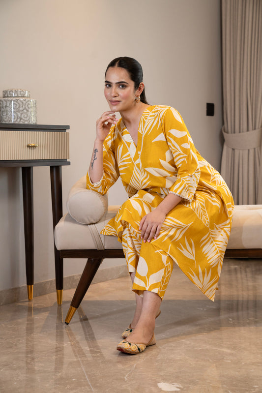 Yellow botanical print asymmetrical kurta with straight pants (Co-ord set)