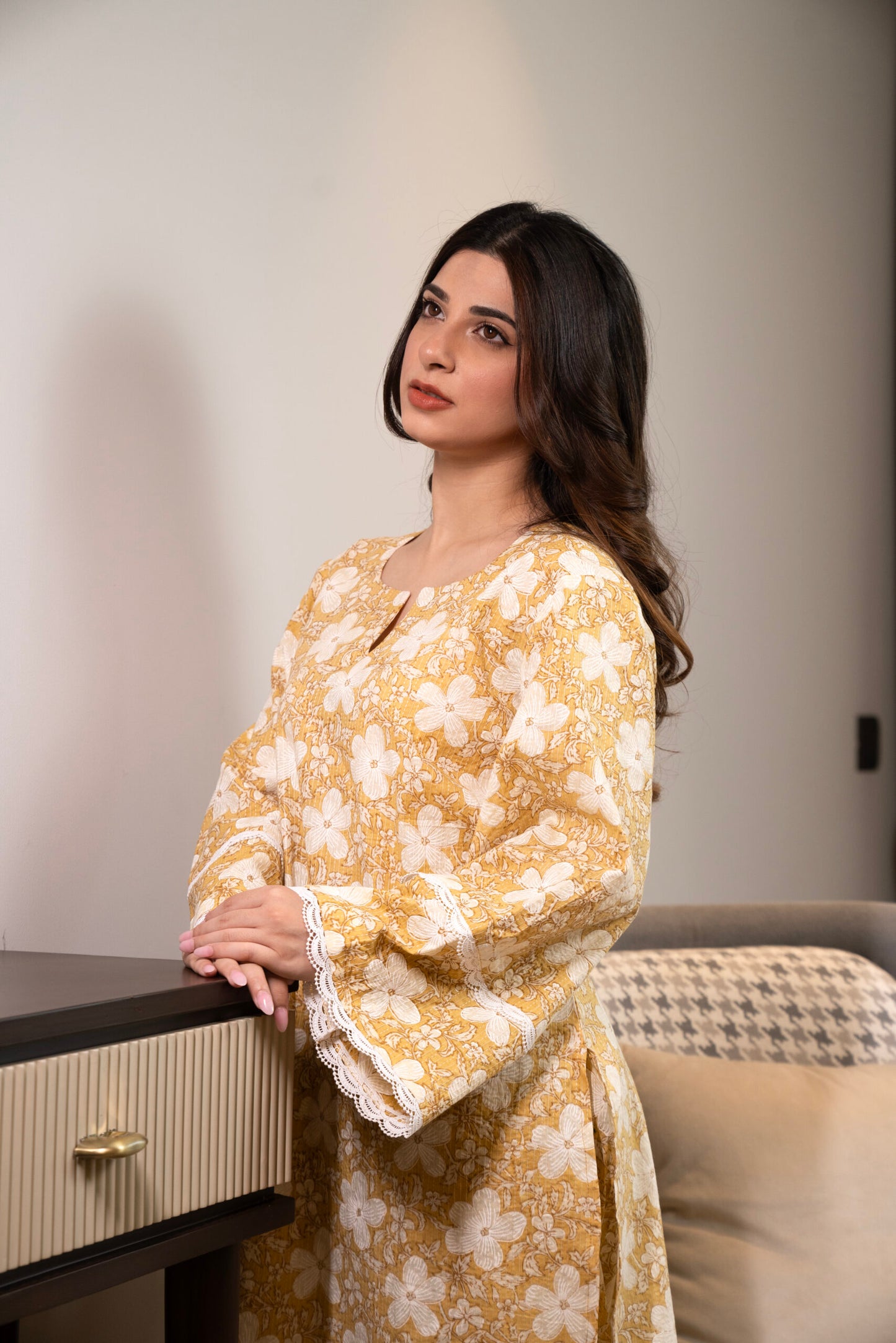 Yellow floral Kurta with straight pants (Co-ord Set)