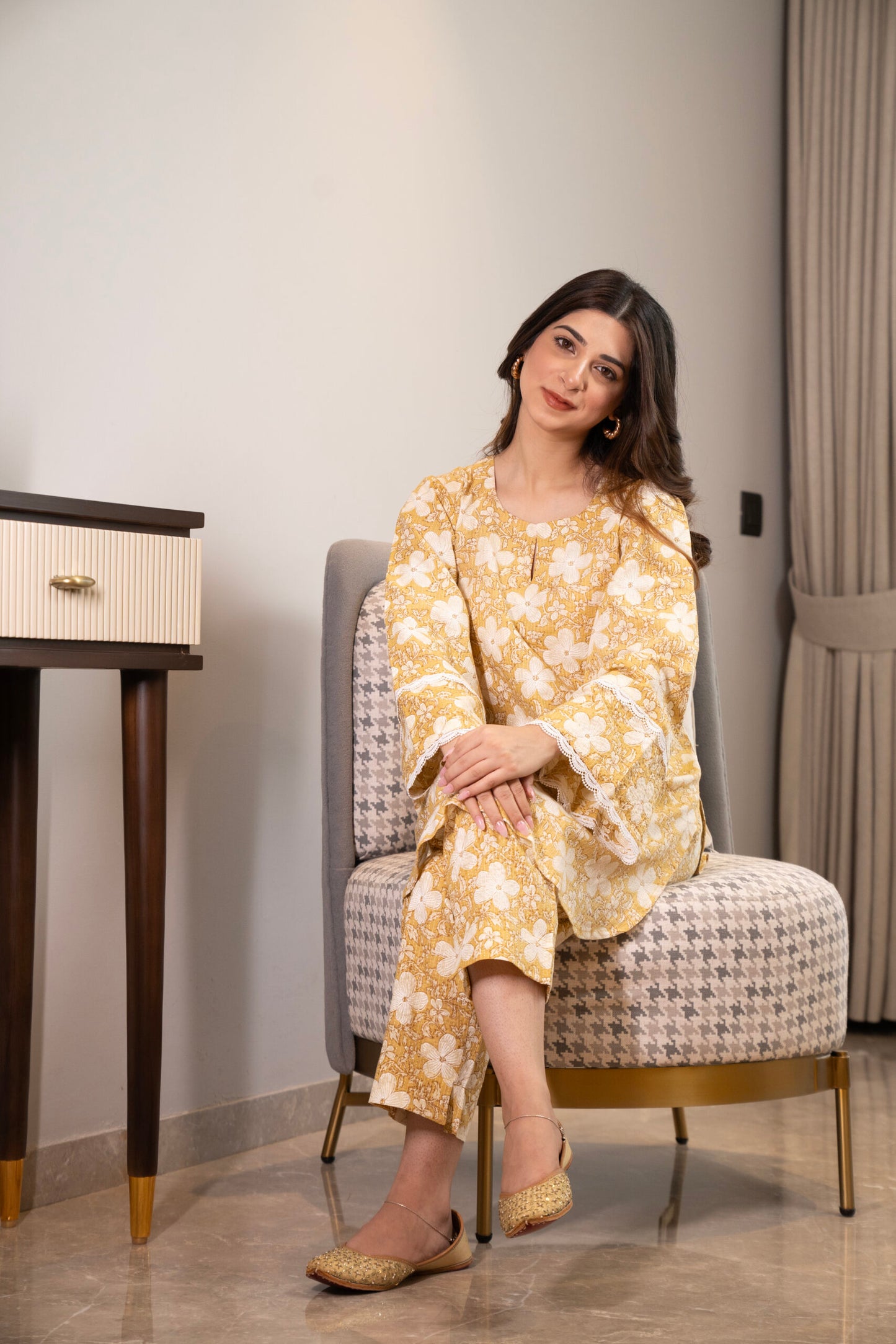 Yellow floral Kurta with straight pants (Co-ord Set)