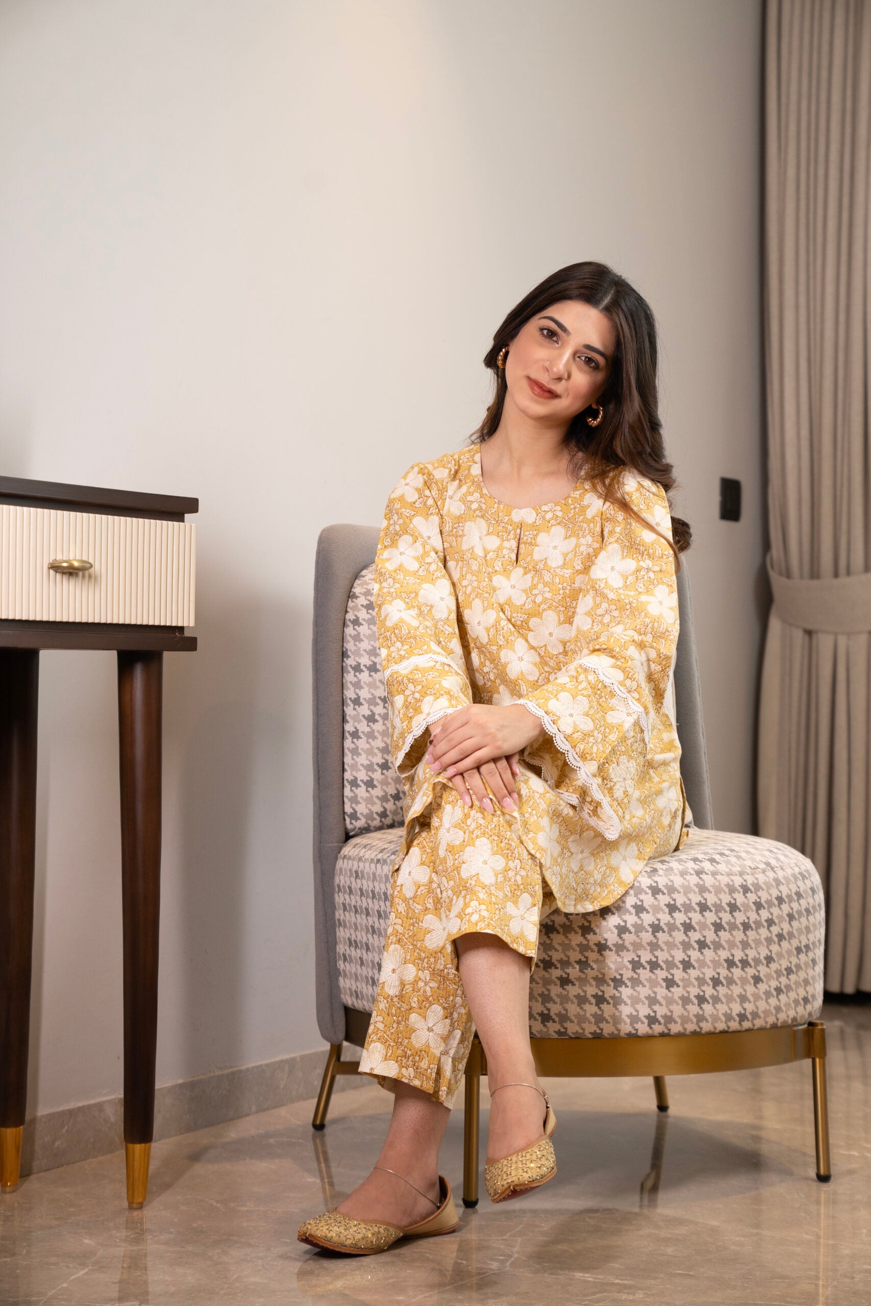 Yellow floral Kurta with straight pants (Co-ord Set)
