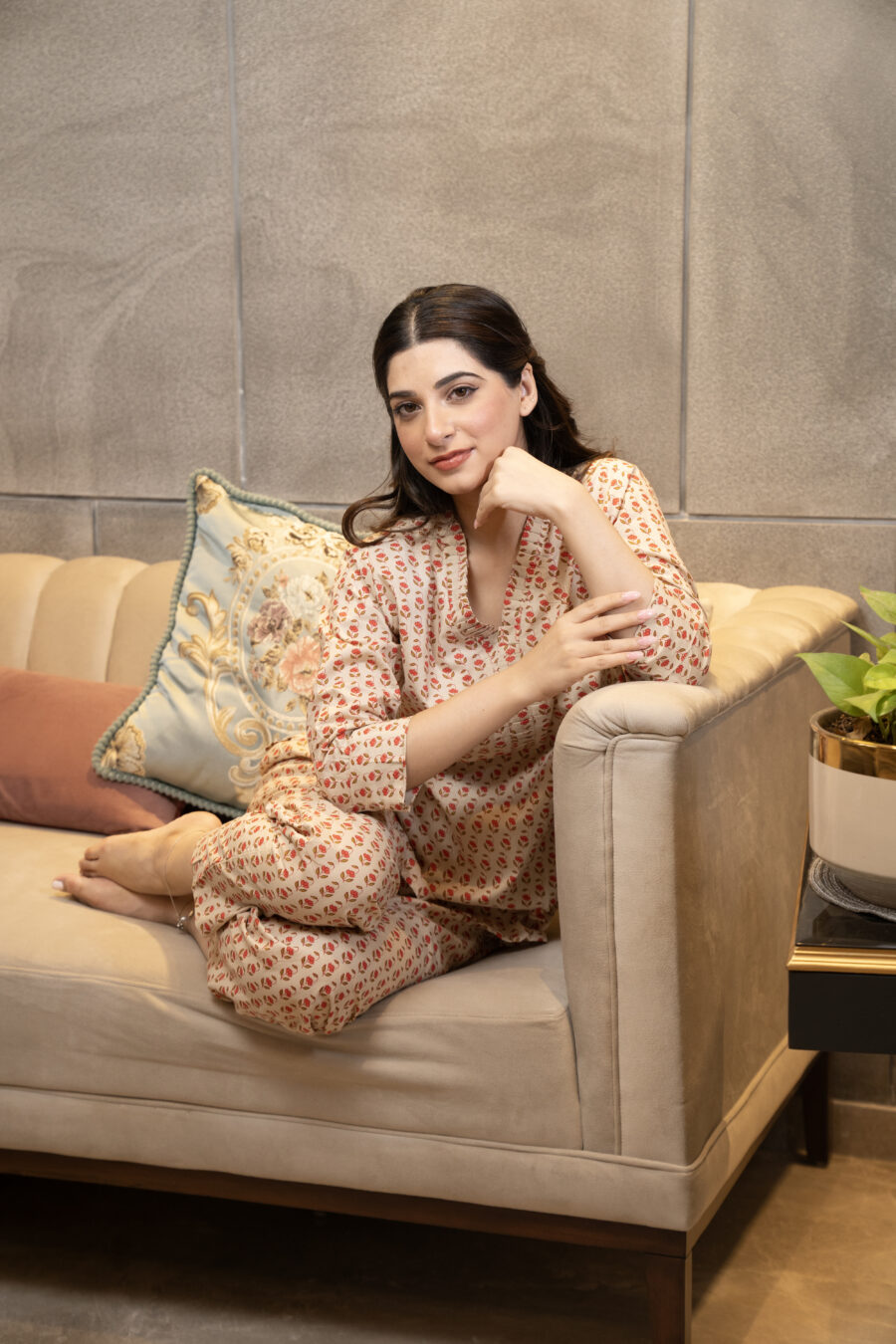 Beige printed lounge wear set