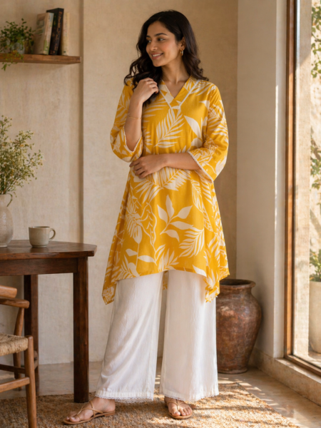Yellow botanical print asymmetrical summer kurta